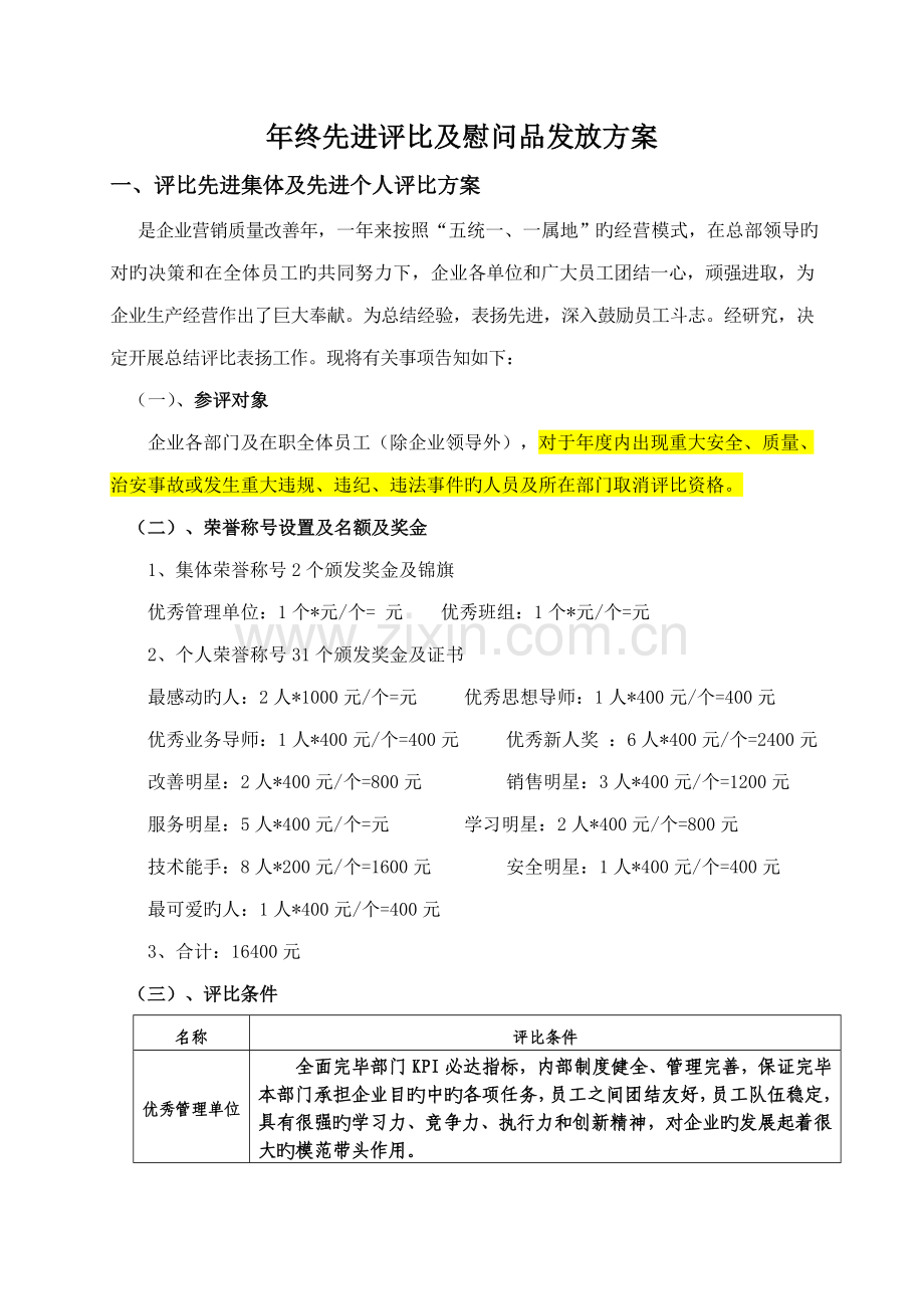 先进评选及慰问品发放方案.doc_第1页