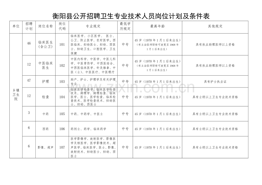 衡阳县公开招聘卫生专业技术人员岗位计划及条件表.doc_第1页