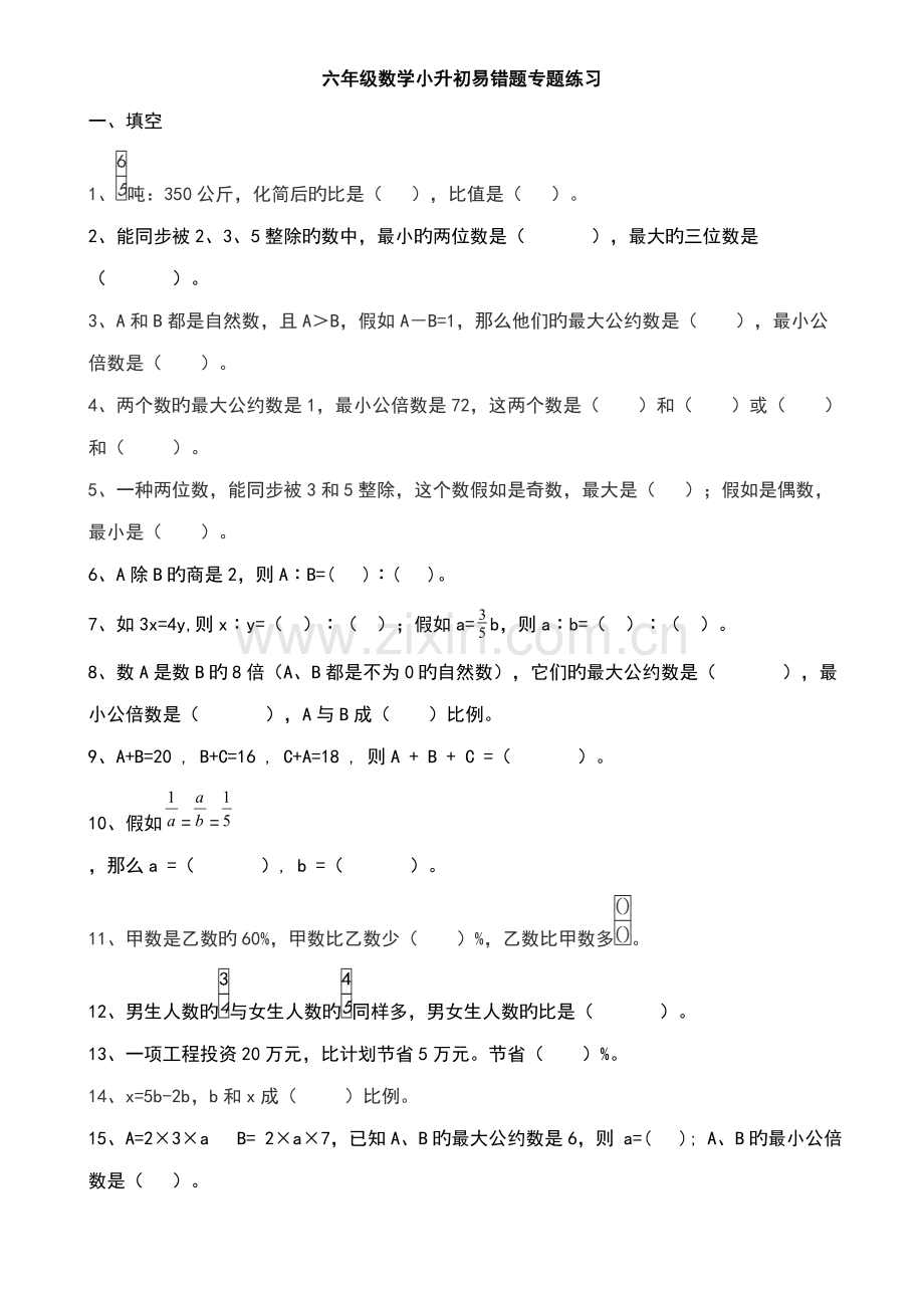 2023年六年级数学小升初易错题专项练习.doc_第1页