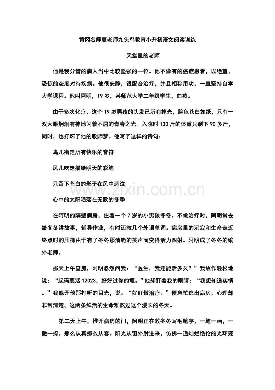 2023年黄冈名师夏老师九头鸟教育小升初语文阅读训练.doc_第1页