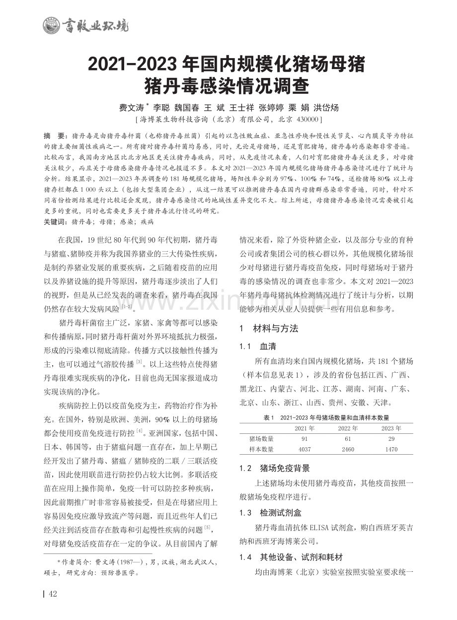 2021-2023年国内规模化猪场母猪猪丹毒感染情况调查.pdf_第1页