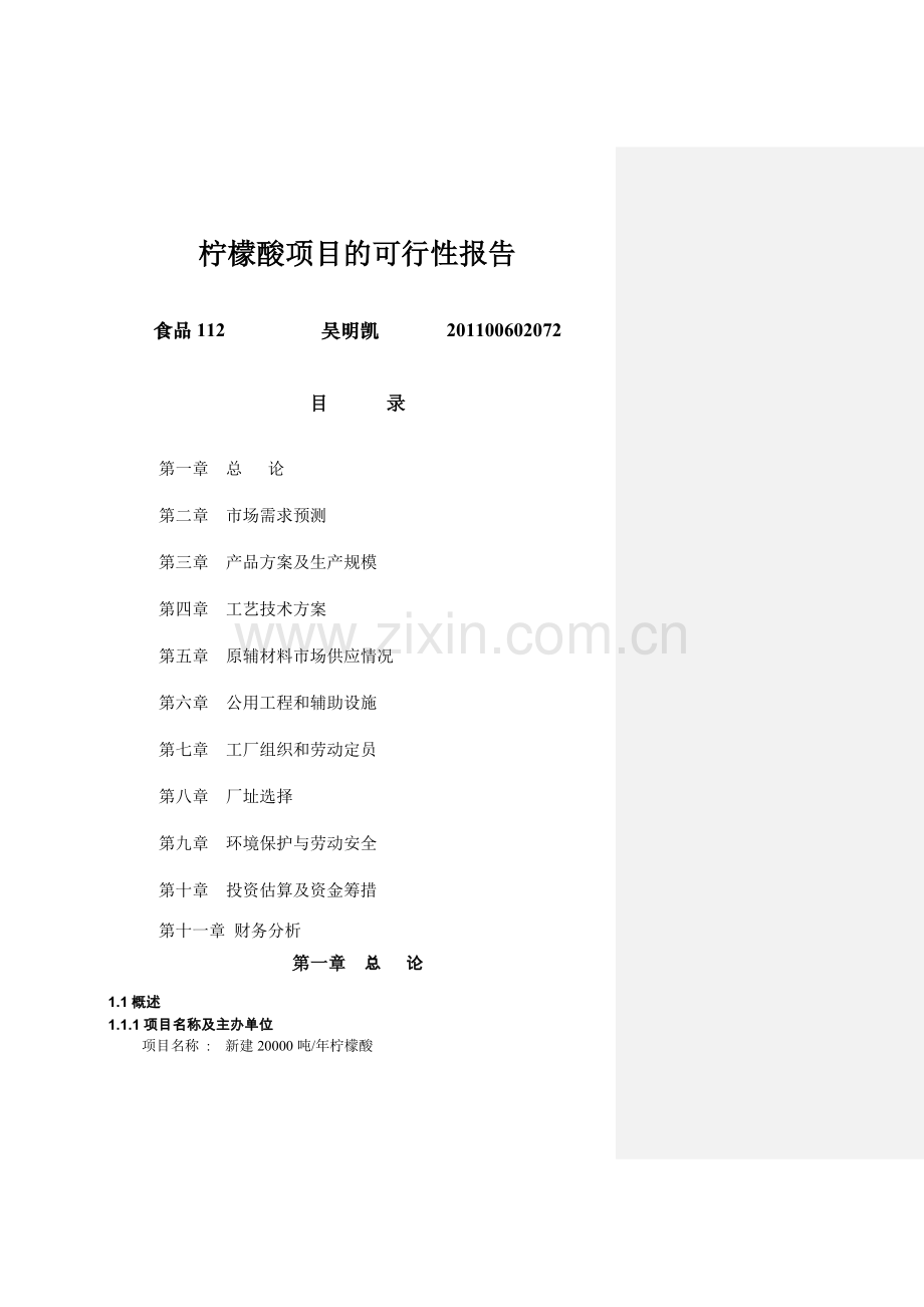 柠檬酸项目预可行性研究报告.doc_第1页