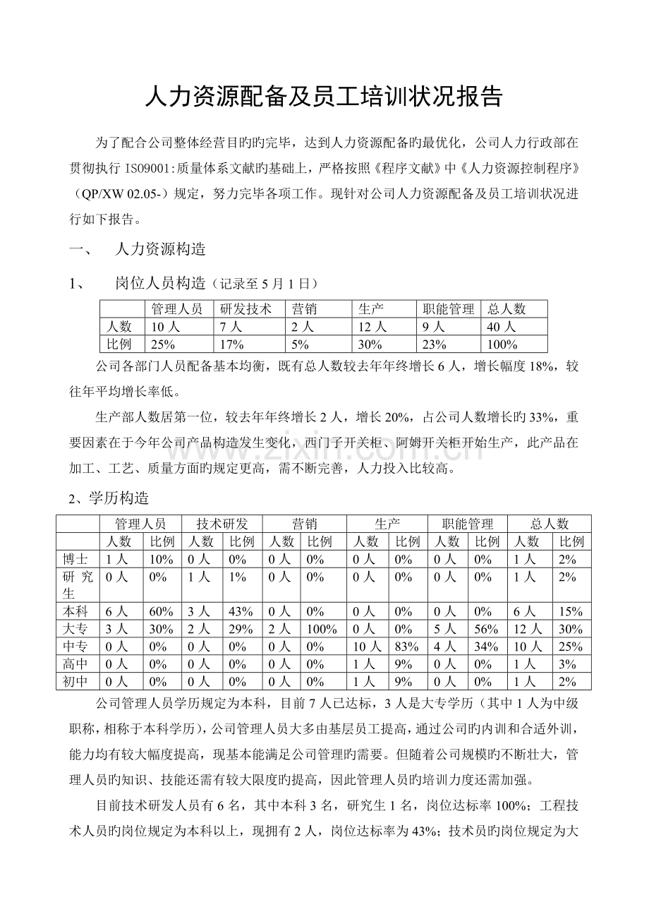 人力资源配置及员工培训情况报告.doc_第1页