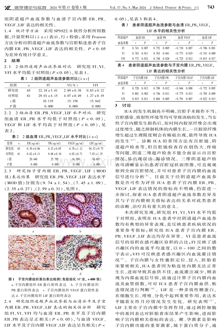 宫腔粘连患者经阴道超声血流参数与子宫内膜ER、PR、VEGF、LIF表达的关系.pdf_第3页