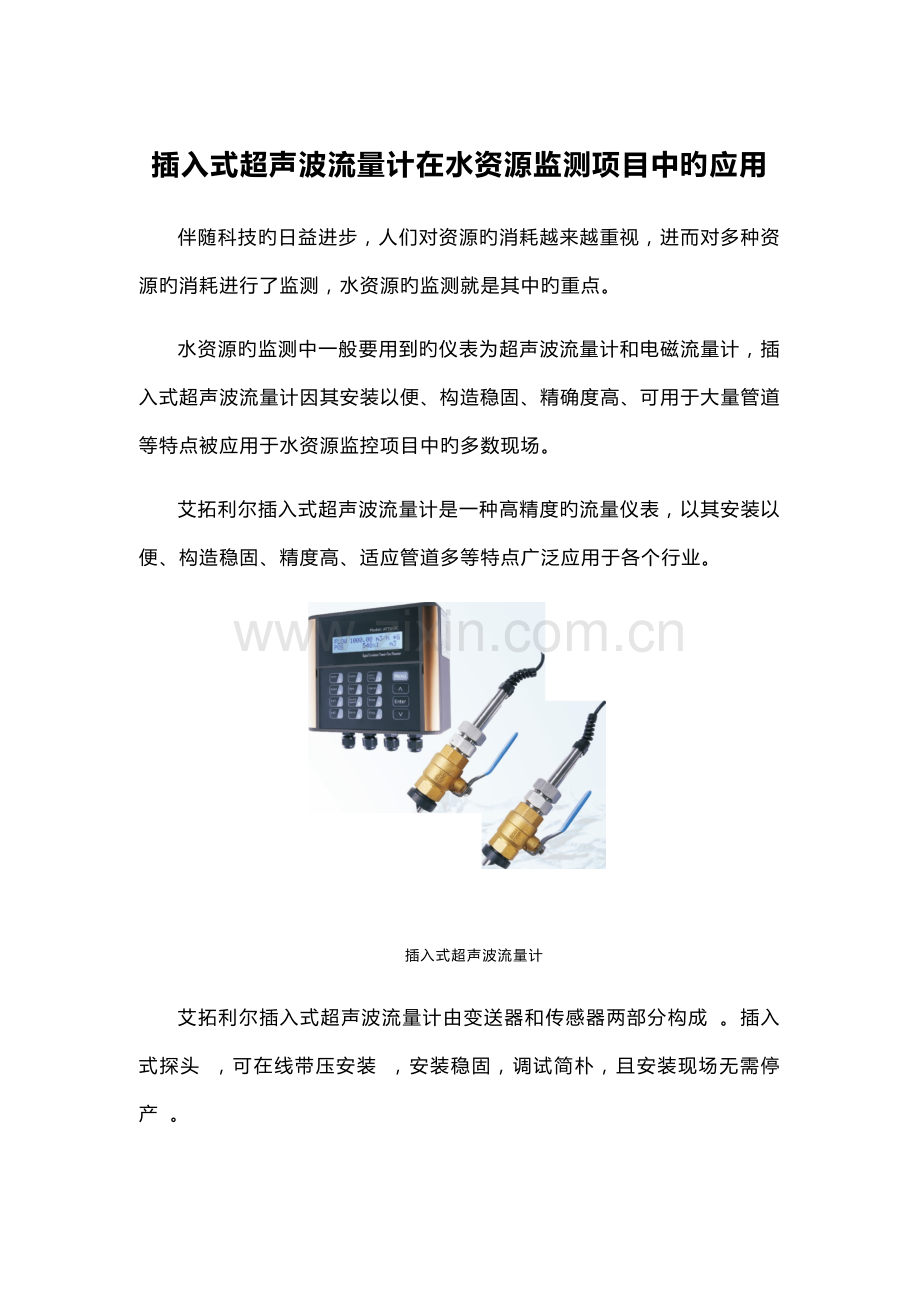 插入式超声波流量计在水资源监测项目中的应用.docx_第1页