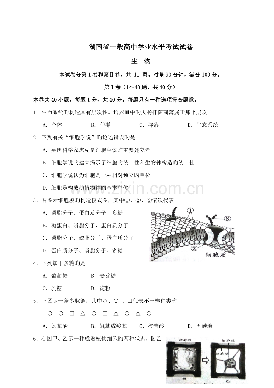 2023年湖南省普通高中学业水平考试生物试卷.doc_第1页