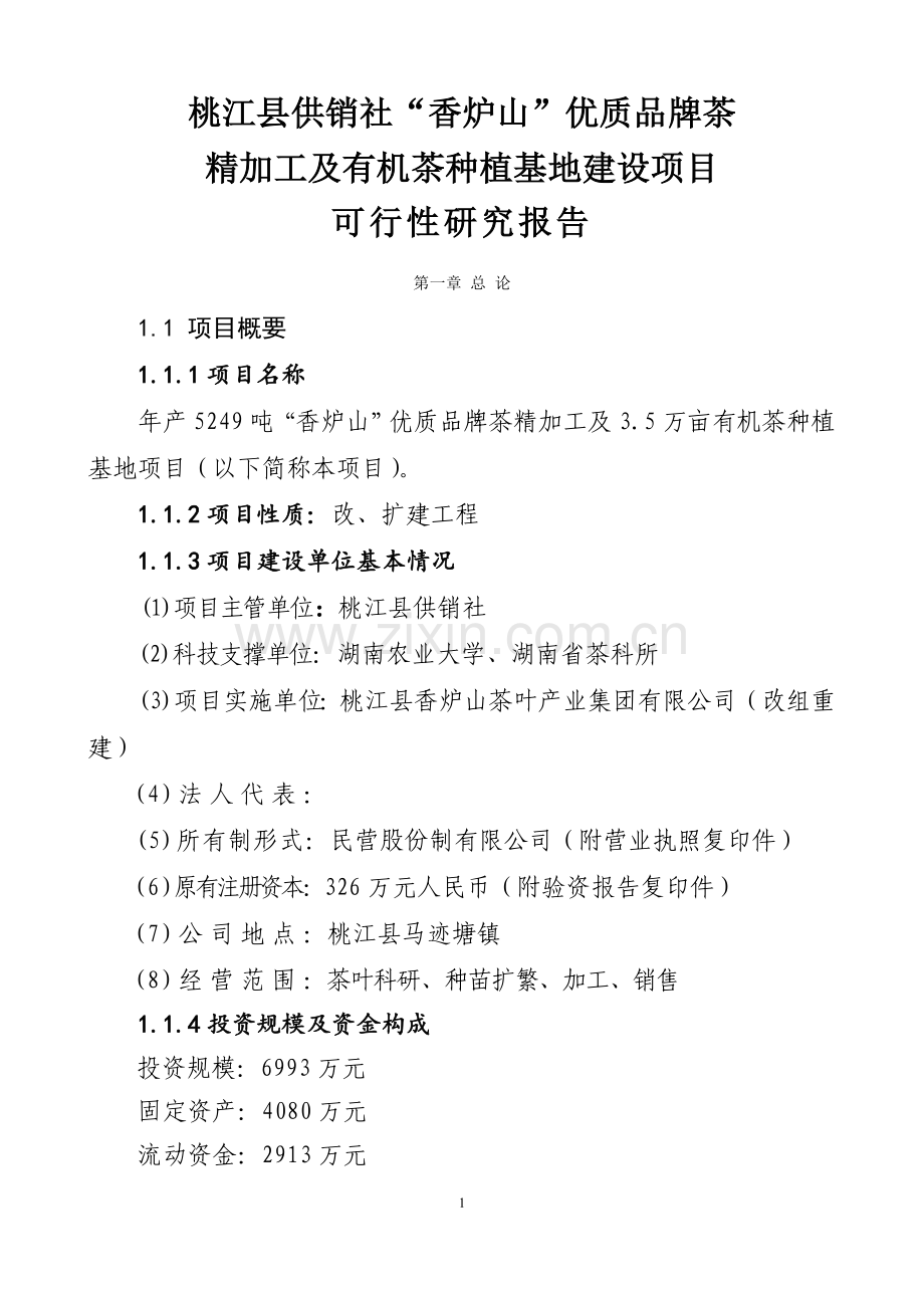 湖南茶厂茶叶精加工及有机茶种植基地项目可行性研究报告.doc_第1页