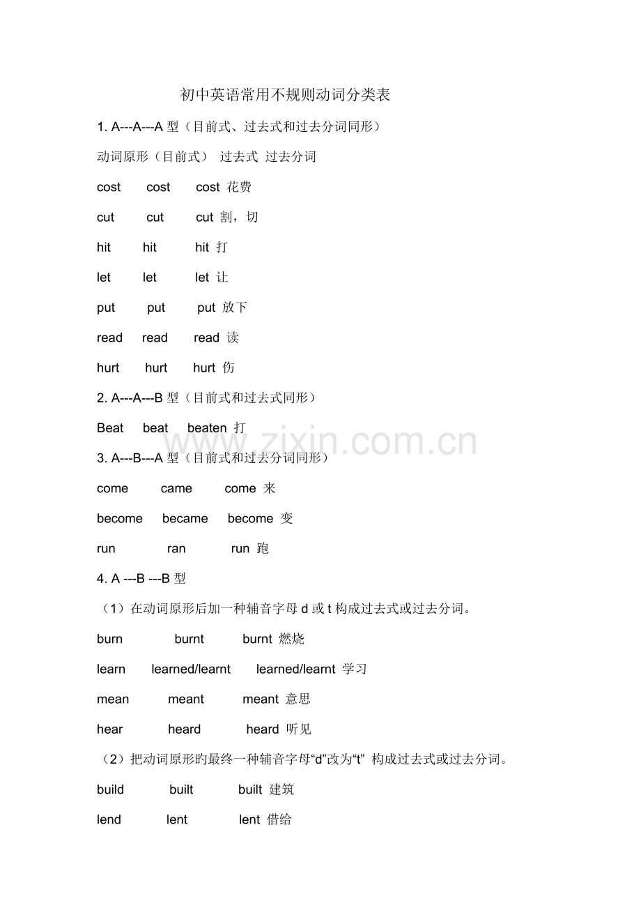 初中英语常用不规则动词分类表.doc_第1页