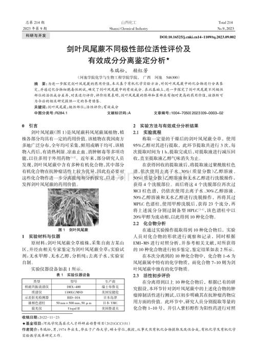 剑叶凤尾蕨不同极性部位活性评价及有效成分分离鉴定分析.pdf