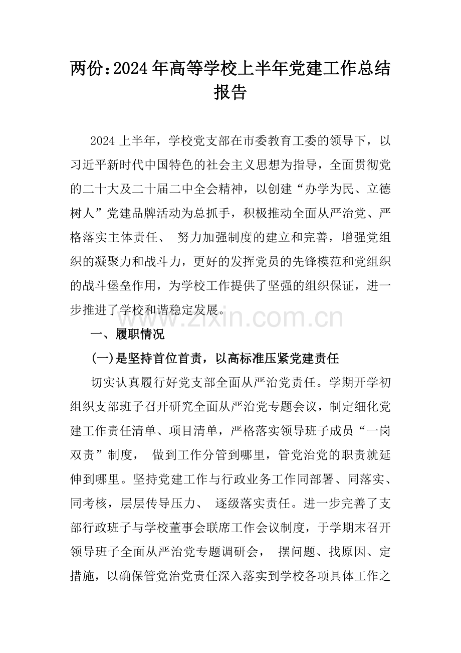 两份：2024年高等学校上半年党建工作总结报告.docx_第1页