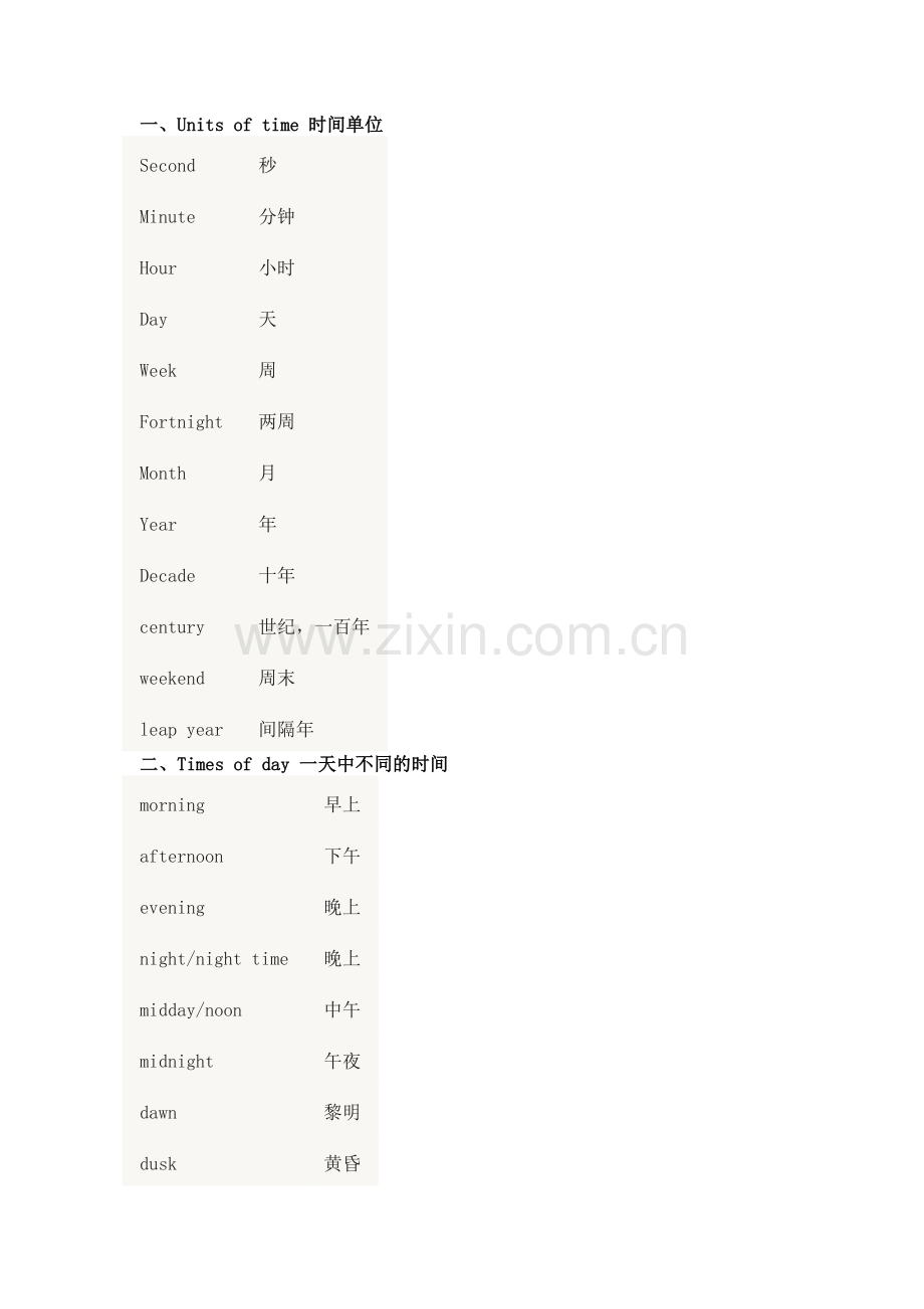 初中英语有关时间、星期、月份、节日的英语分类.docx_第1页