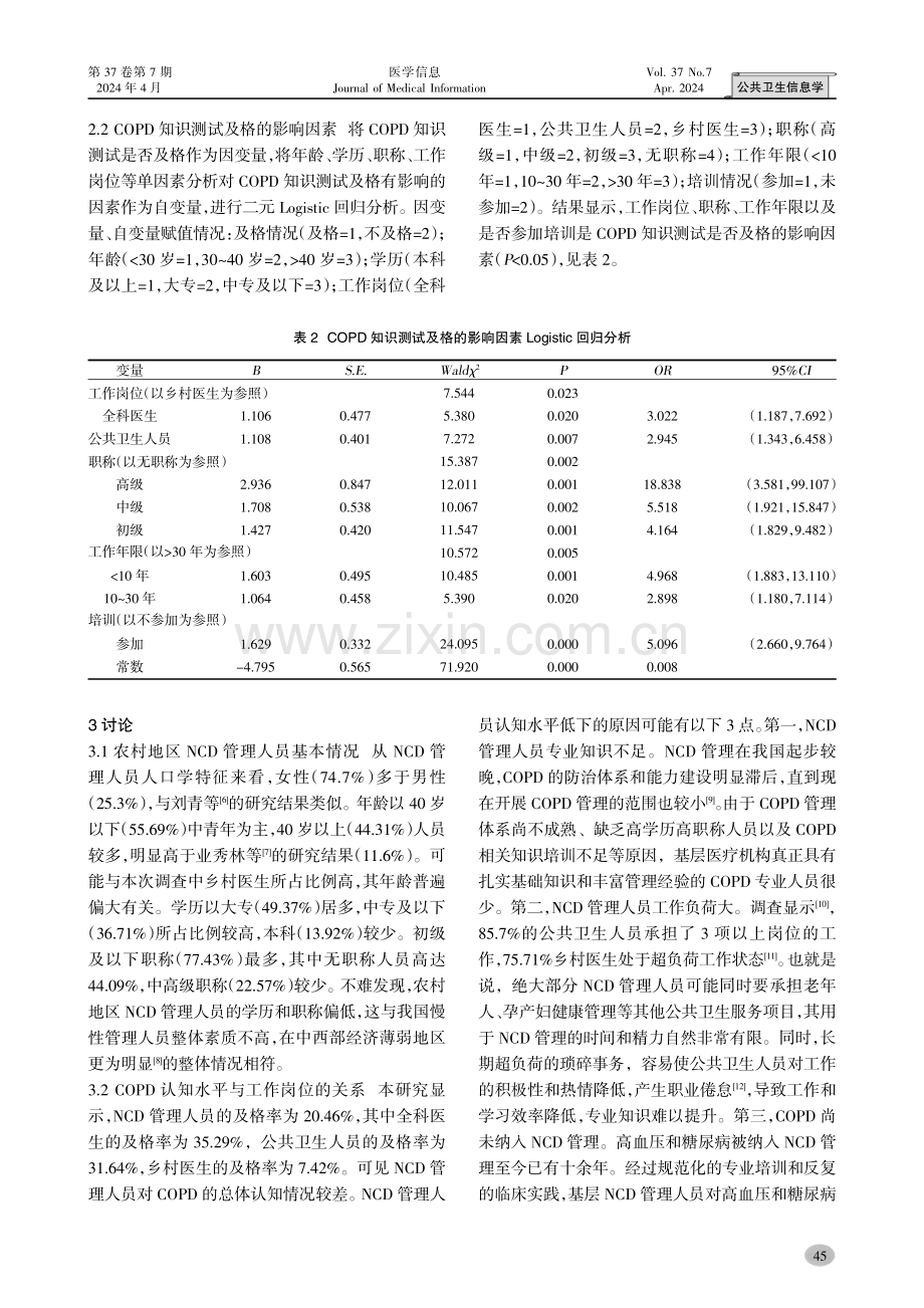 农村地区慢性病管理人员慢性阻塞性肺疾病认知情况及影响因素分析.pdf_第3页