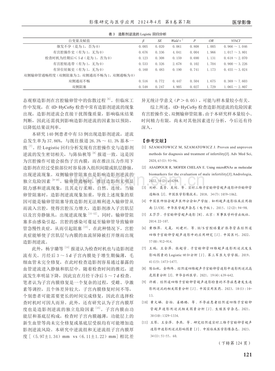 经阴道子宫输卵管四维超声造影剂逆流发生影响因素的Logistic回归分析.pdf_第3页