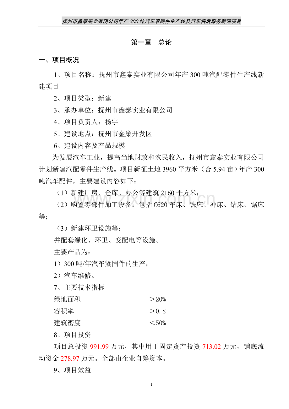 年产300吨汽车紧固件生产线及汽车售后服务新建项目可行性研究报告.doc_第1页