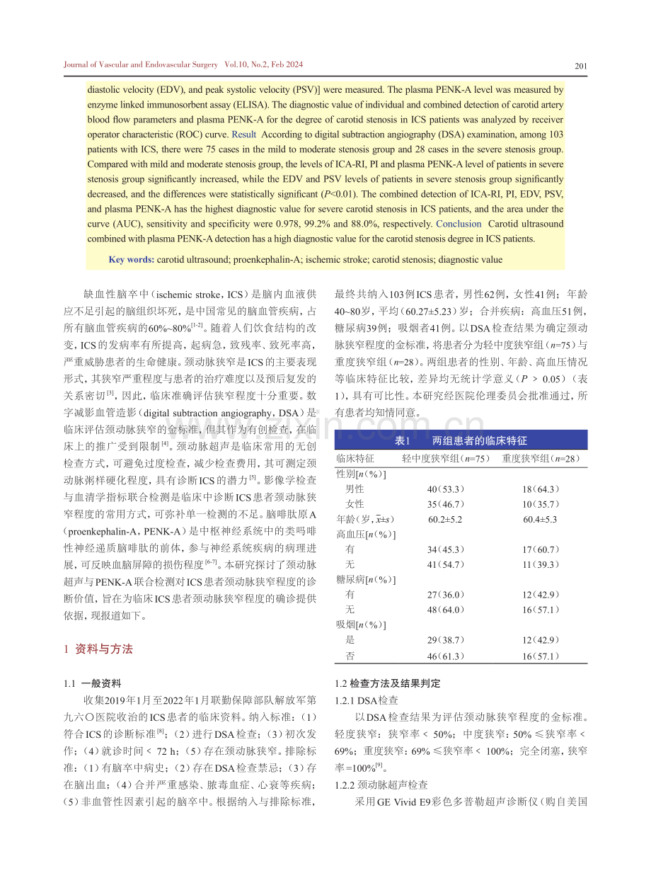 颈动脉超声联合血浆脑啡肽原A水平检测在缺血性脑卒中患者颈动脉狭窄诊断中的临床价值.pdf_第2页