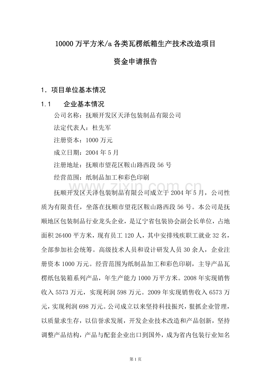 10000万平方米各类瓦楞纸箱生产技术改造项目可行性研究报告.doc_第1页