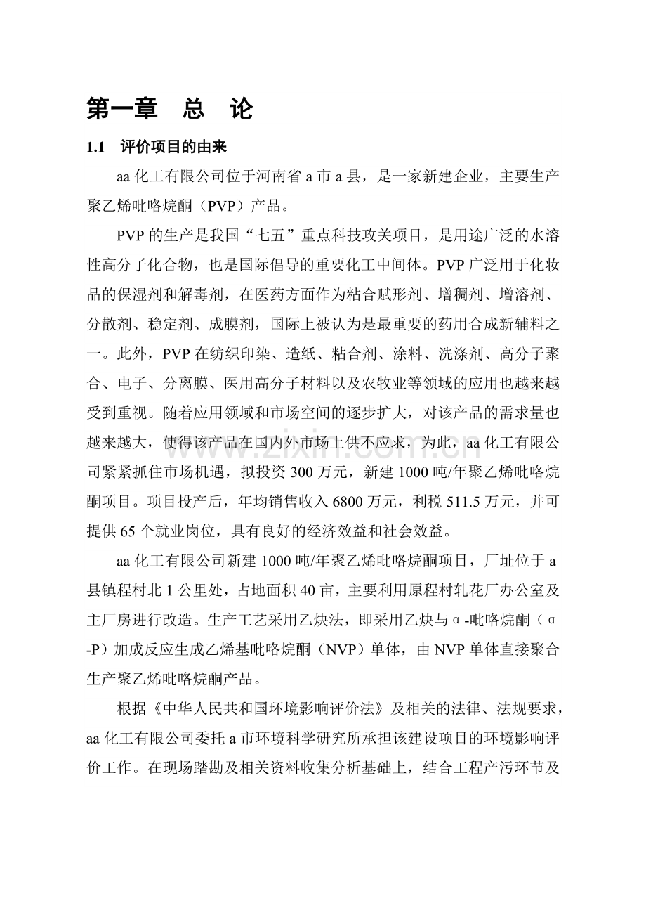 化工有限公司建设年产1000吨聚乙烯吡咯烷酮项目建设环境影响报告书.doc_第1页