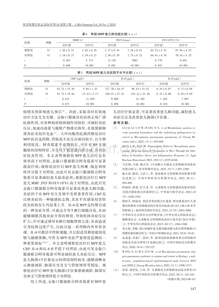 金振口服液联合阿奇霉素对小儿肺炎支原体肺炎的效果及CT征象变化.pdf_第3页