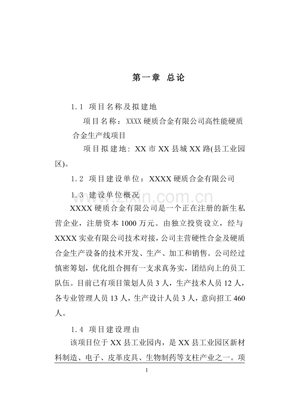 高性能硬质合金生产线项目申请建设可行性研究报告.doc_第1页