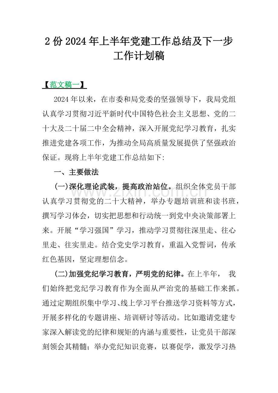 2份2024年上半年党建工作总结及下一步工作计划稿.docx_第1页