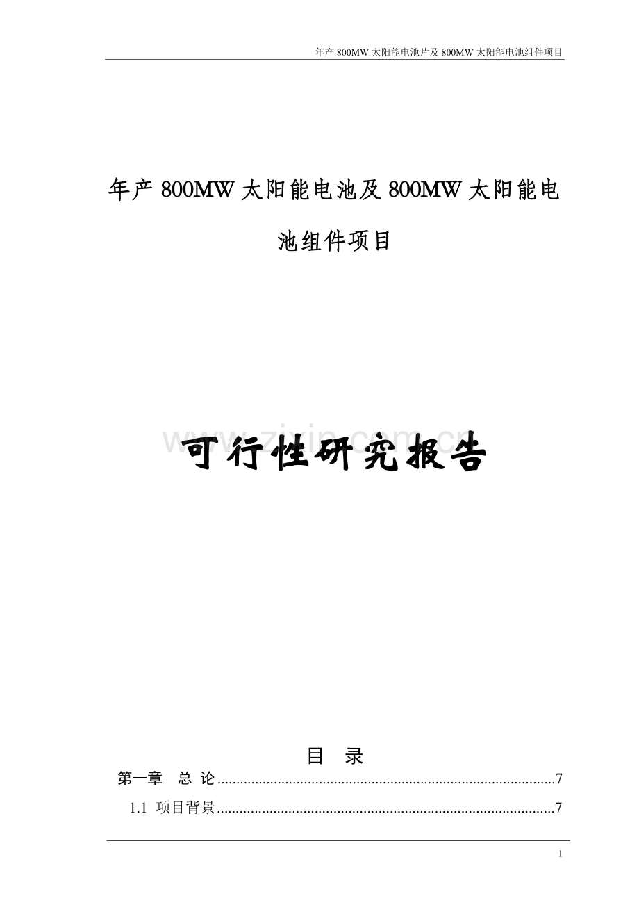 年产800MW太阳能电池片及800MW太阳能电池组件项目可行性研究报告.doc_第1页