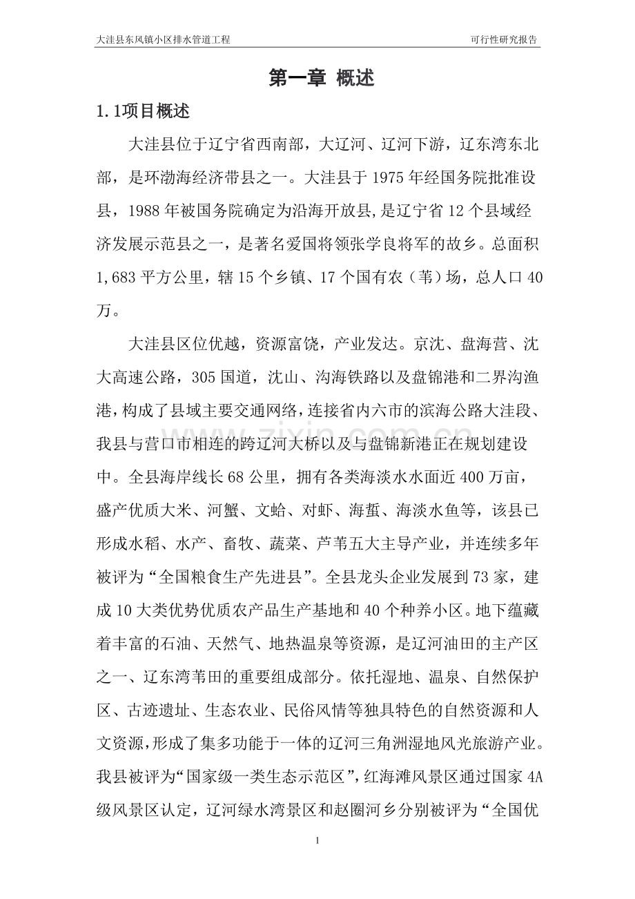 大洼县东风镇小区排水管道工程可行性研究报告.doc_第1页