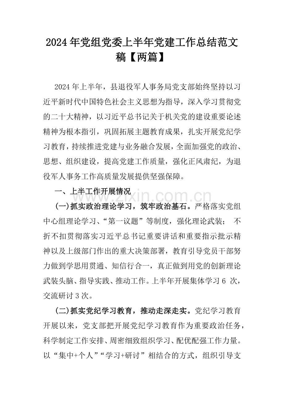 2024年党组党委上半年党建工作总结范文稿【两篇】.docx_第1页