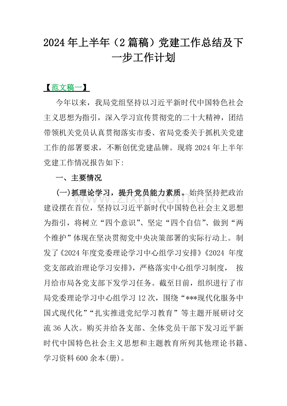 2024年上半年（2篇稿）党建工作总结及下一步工作计划.docx_第1页