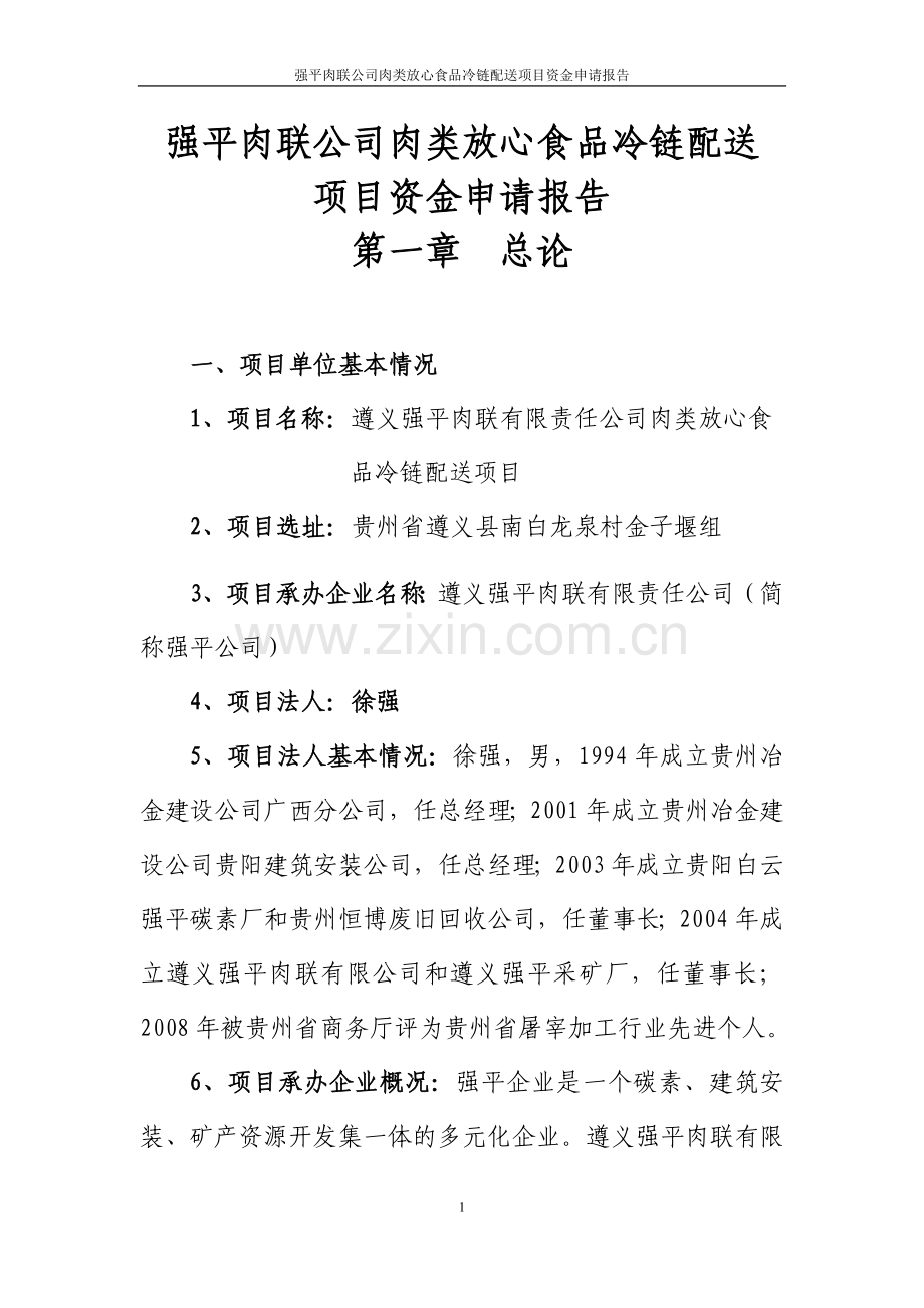 强平肉联公司肉类放心食品冷链配送项目资金可行性研究报告.doc_第1页