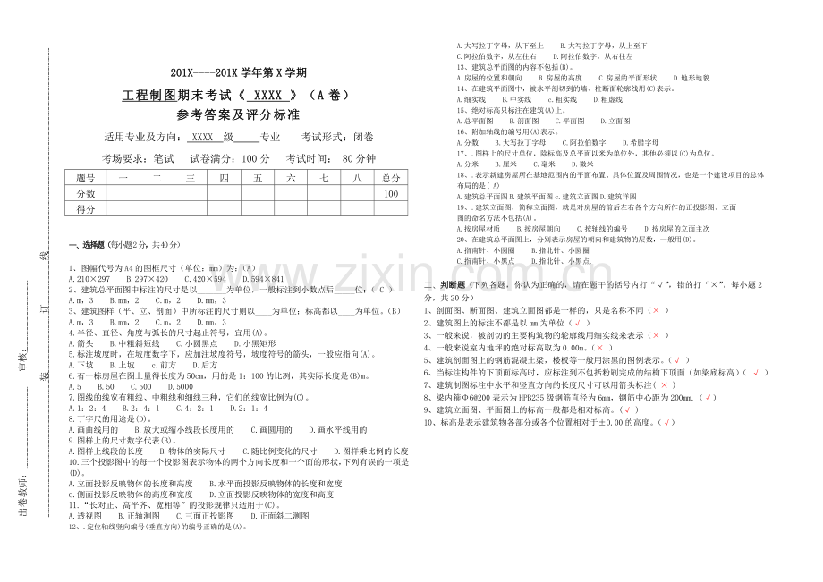 建筑工程制图试卷A卷答案(适用于专科院校).doc_第1页