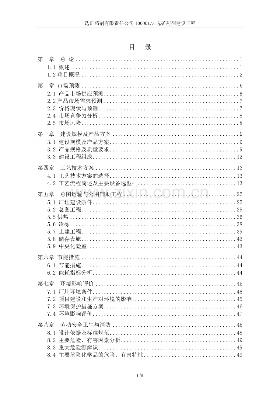 药剂有限责任公司10000ta选矿药剂建设工程可行性研究报告.doc_第1页