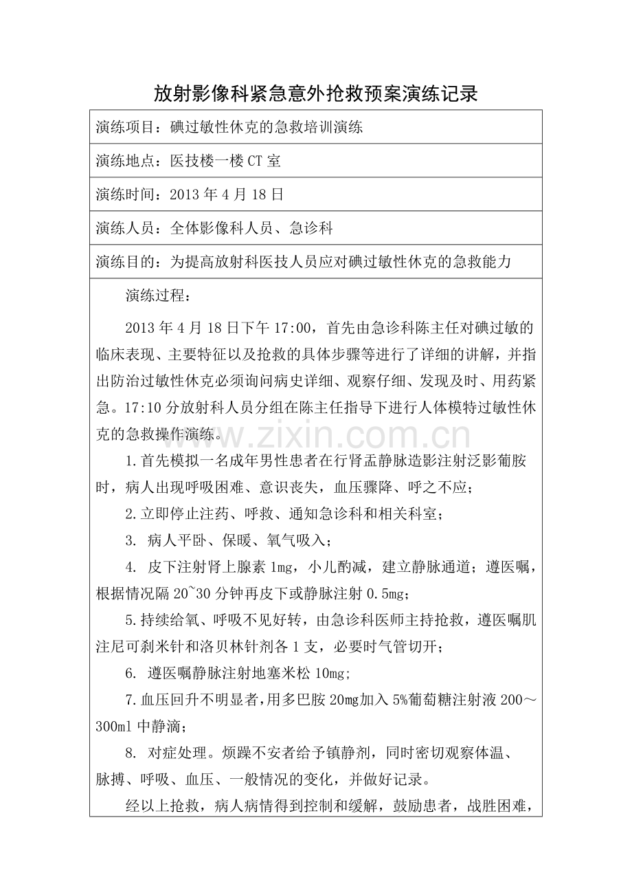 放射科紧急意外抢救预案演练记录及总结分析.doc_第1页