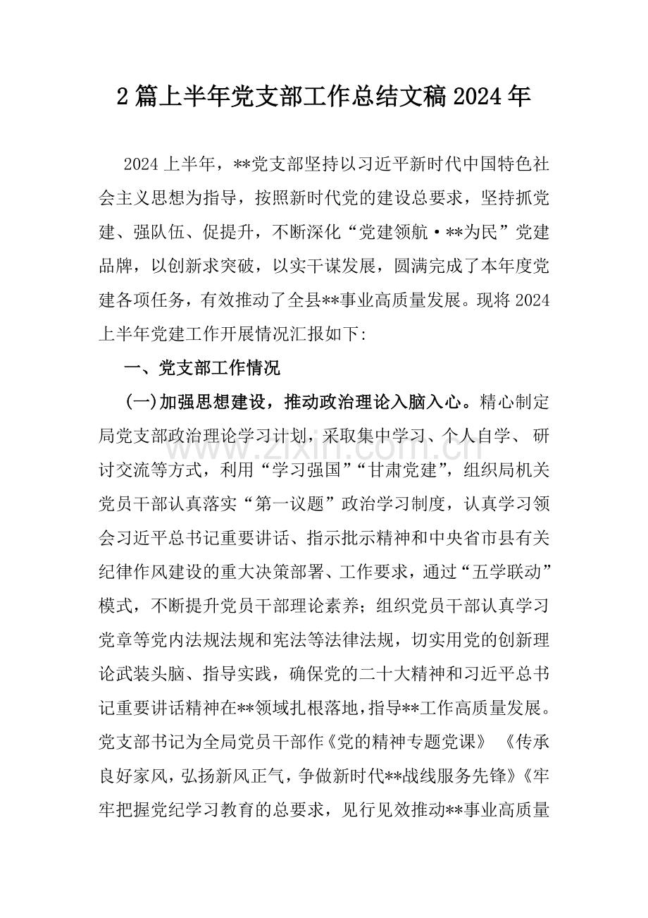 2篇上半年党支部工作总结文稿2024年.docx_第1页