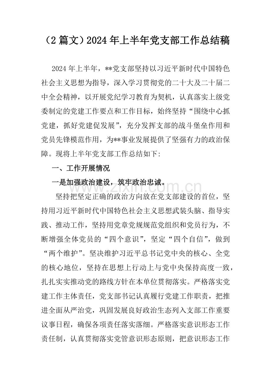 （2篇文）2024年上半年党支部工作总结稿.docx_第1页