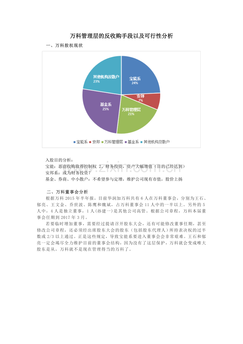 万科管理层的反收购手段以及可行性分析.doc_第1页