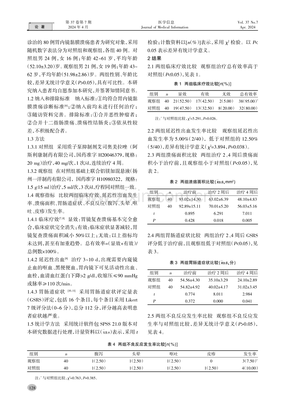 质子泵抑制剂联合铝镁加混悬液治疗胃内镜黏膜溃疡的临床价值.pdf_第2页