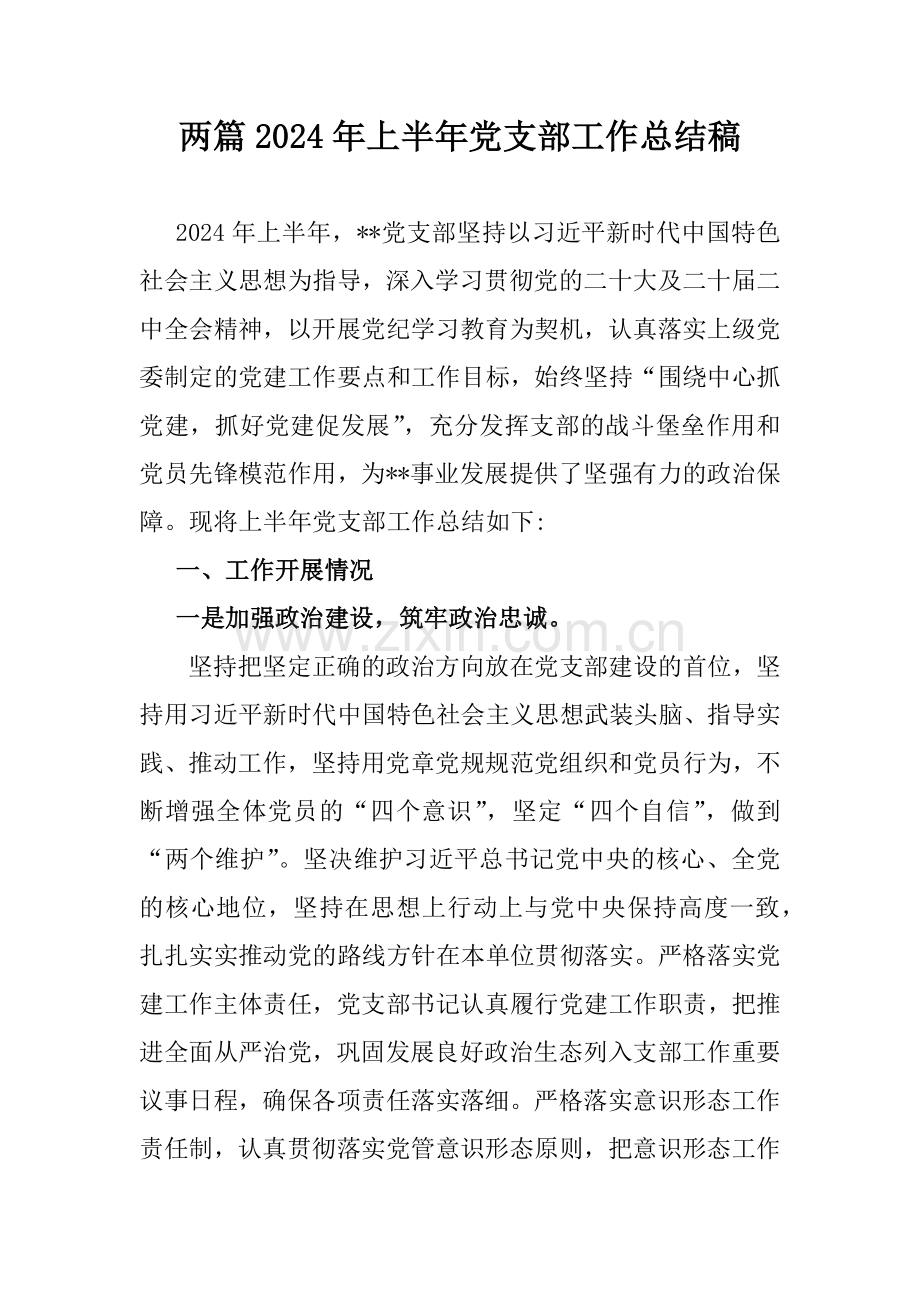 两篇2024年上半年党支部工作总结稿.docx_第1页