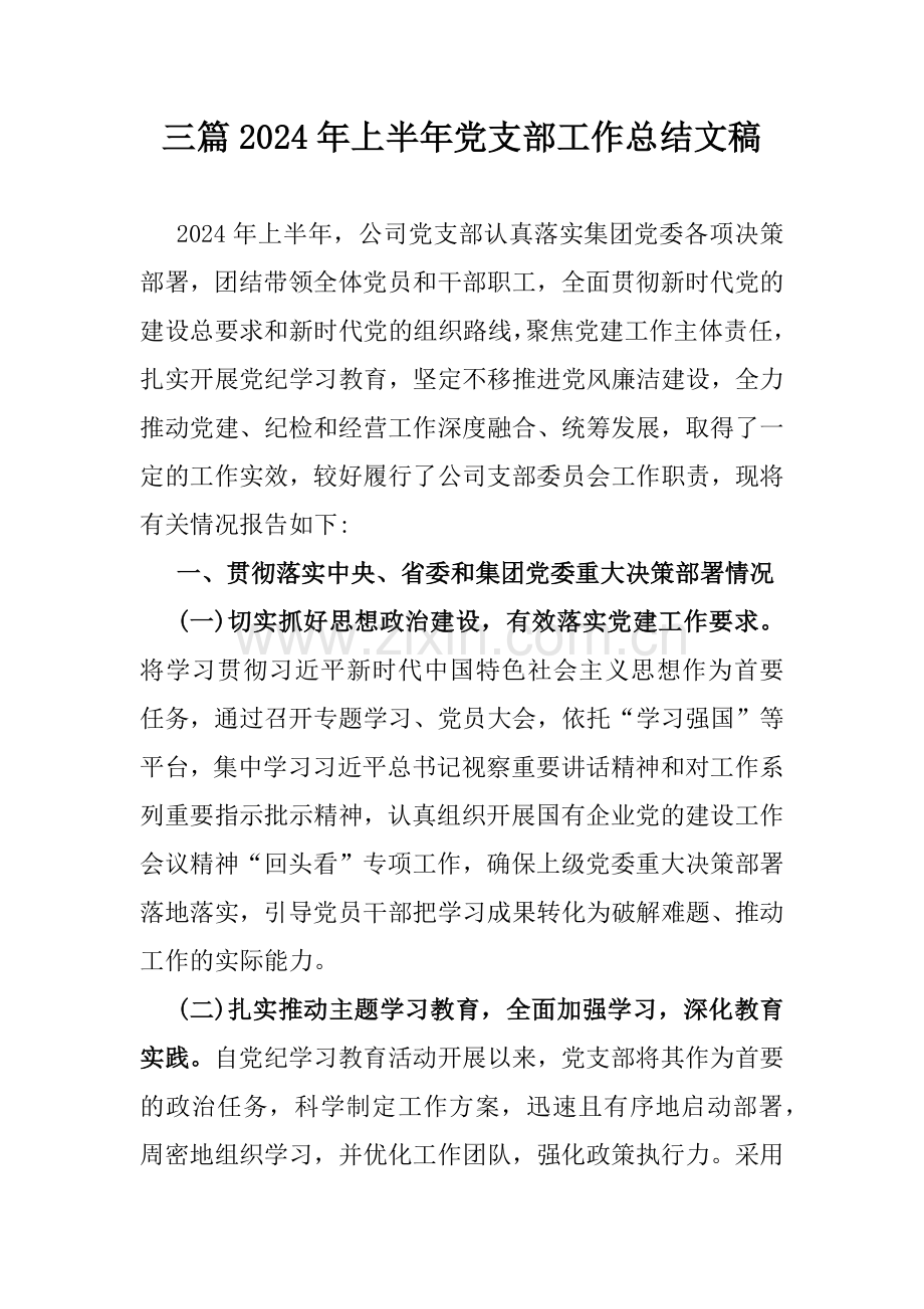 三篇2024年上半年党支部工作总结文稿.docx_第1页