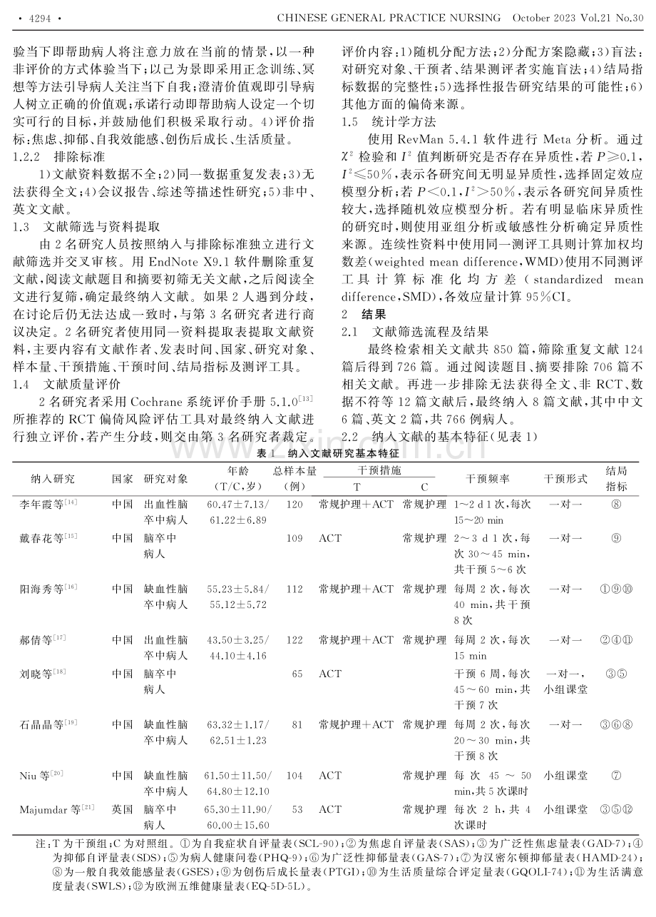 接纳与承诺疗法对脑卒中病人干预效果的Meta分析.pdf_第2页