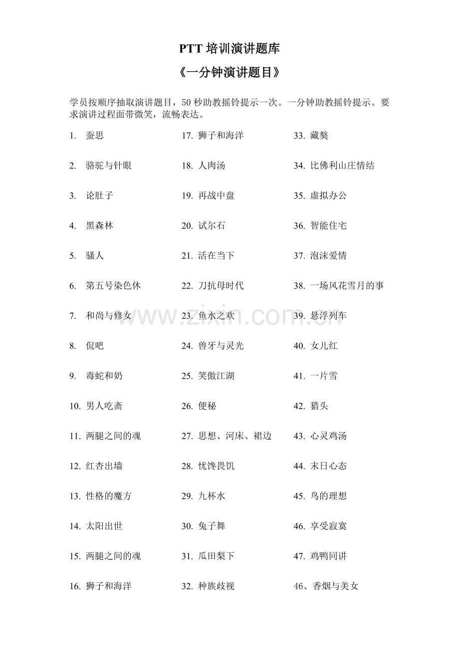 PTT讲师培训一分钟三分钟五分钟演讲题目.doc_第1页