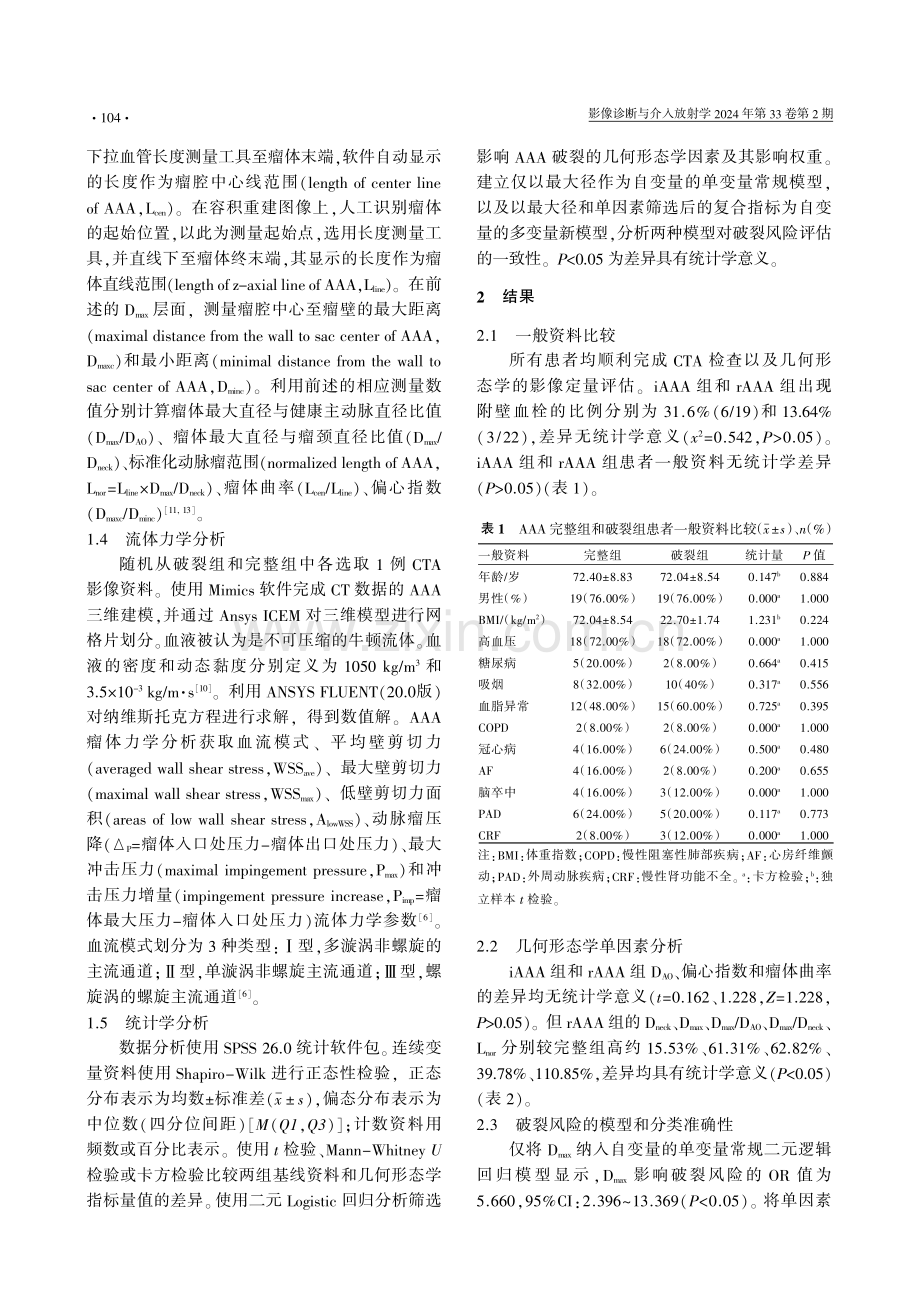 复合型形态学特征联合流体力学对肾下型腹主动脉瘤破裂风险的评估.pdf_第3页