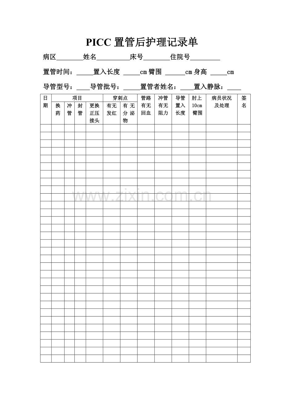 PICC置管后护理记录单.doc_第1页