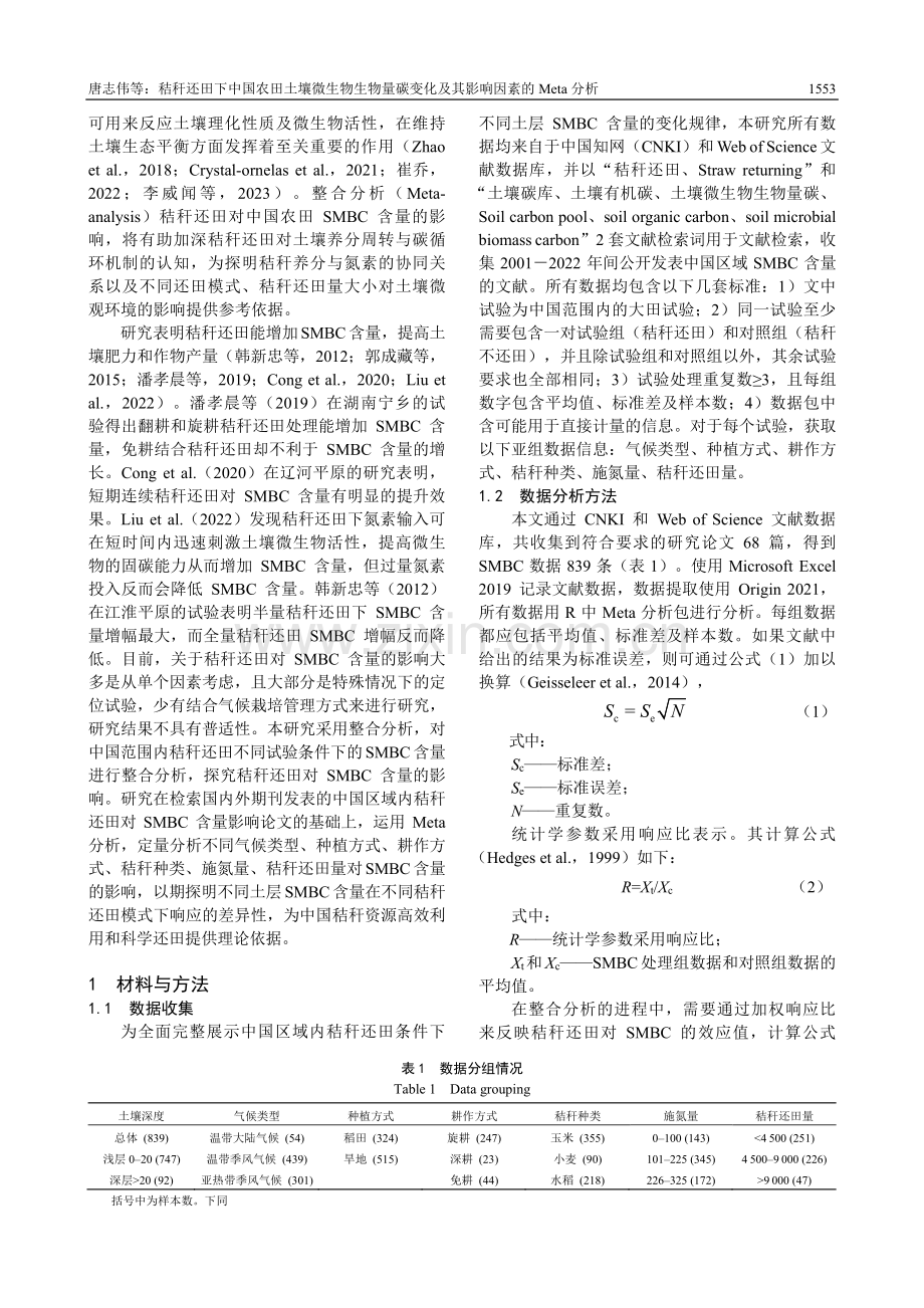 秸秆还田下中国农田土壤微生物生物量碳变化及其影响因素的Meta分析.pdf_第2页