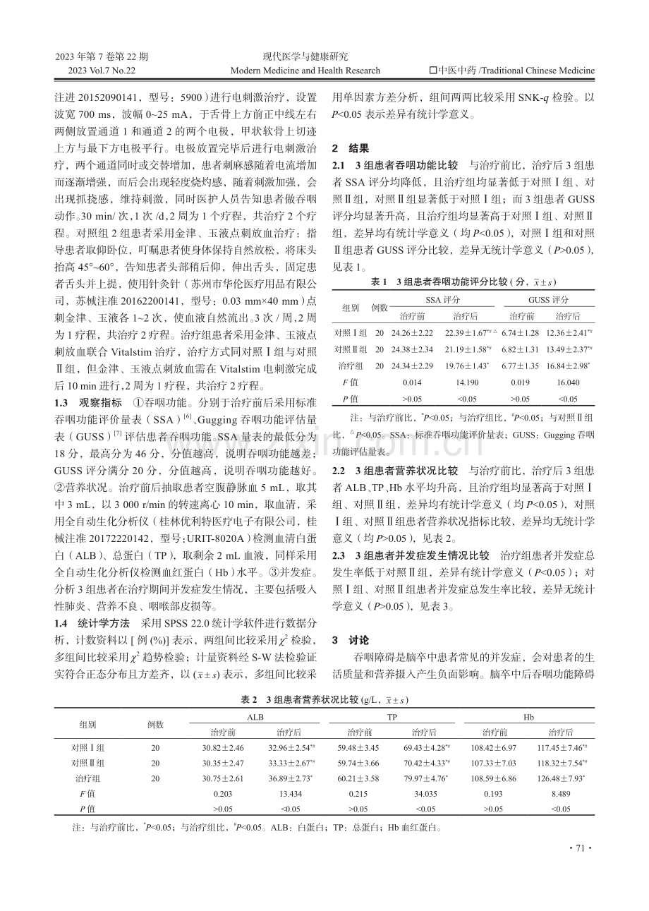 金津、玉液点刺放血联合Vitalstim电刺激治疗脑卒中后吞咽障碍的效果观察.pdf_第2页