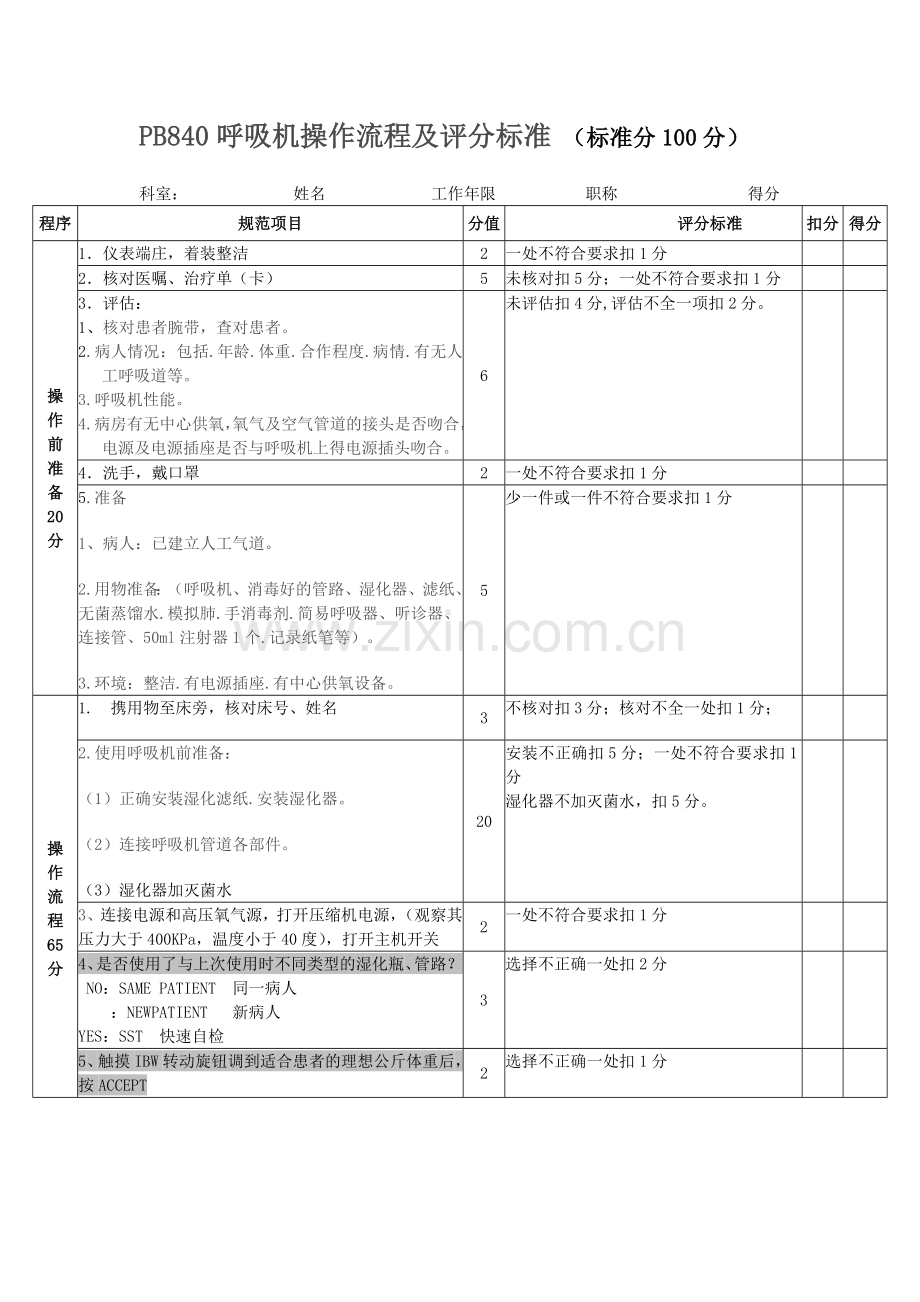 PB840呼吸机操作流程及评分标准.doc_第1页