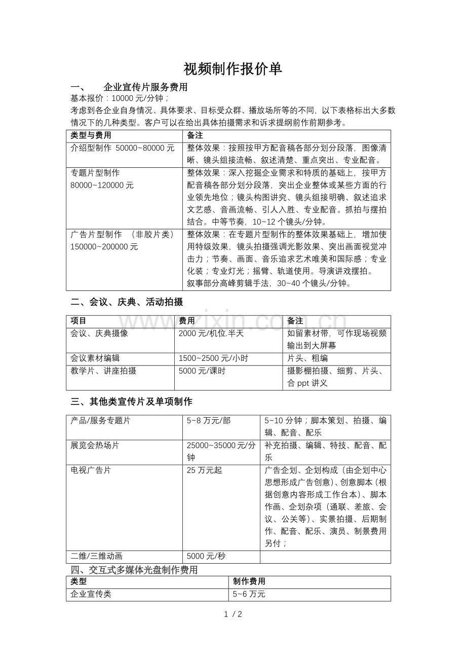 视频制作报价单.docx_第1页