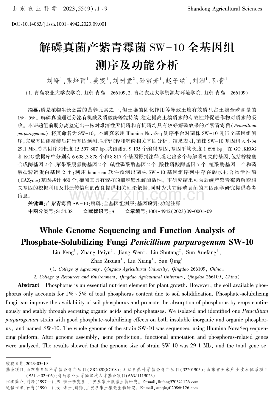 解磷真菌产紫青霉菌SW-10全基因组测序及功能分析.pdf_第1页