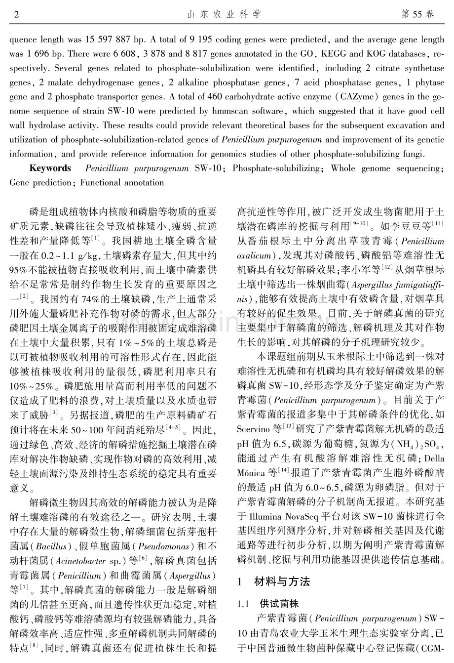 解磷真菌产紫青霉菌SW-10全基因组测序及功能分析.pdf_第2页