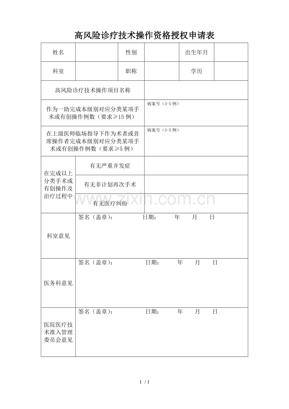 高风险诊疗技术操作资格授权申请表.doc_第1页