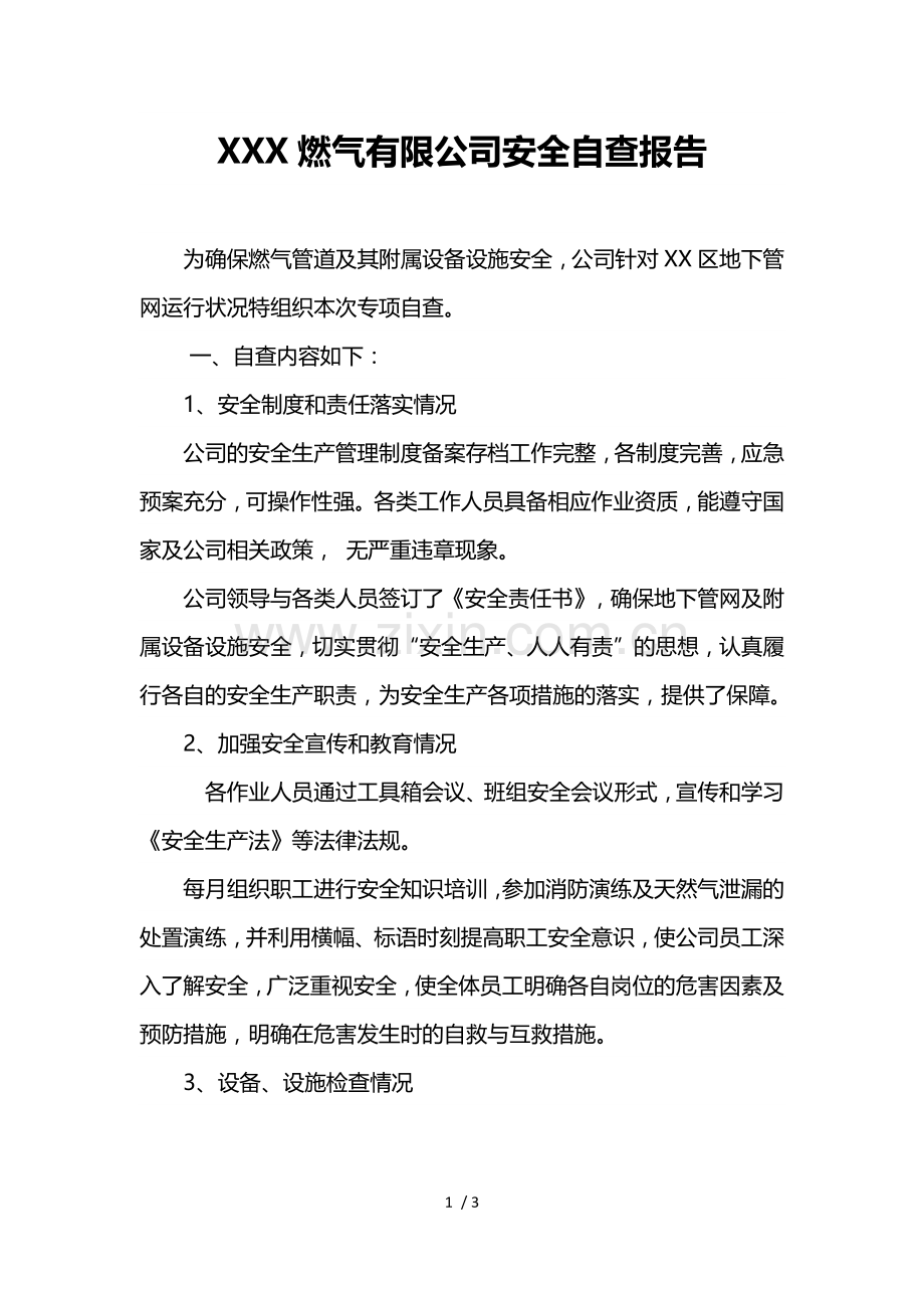 XXX燃气有限公司安全自查报告.doc_第1页